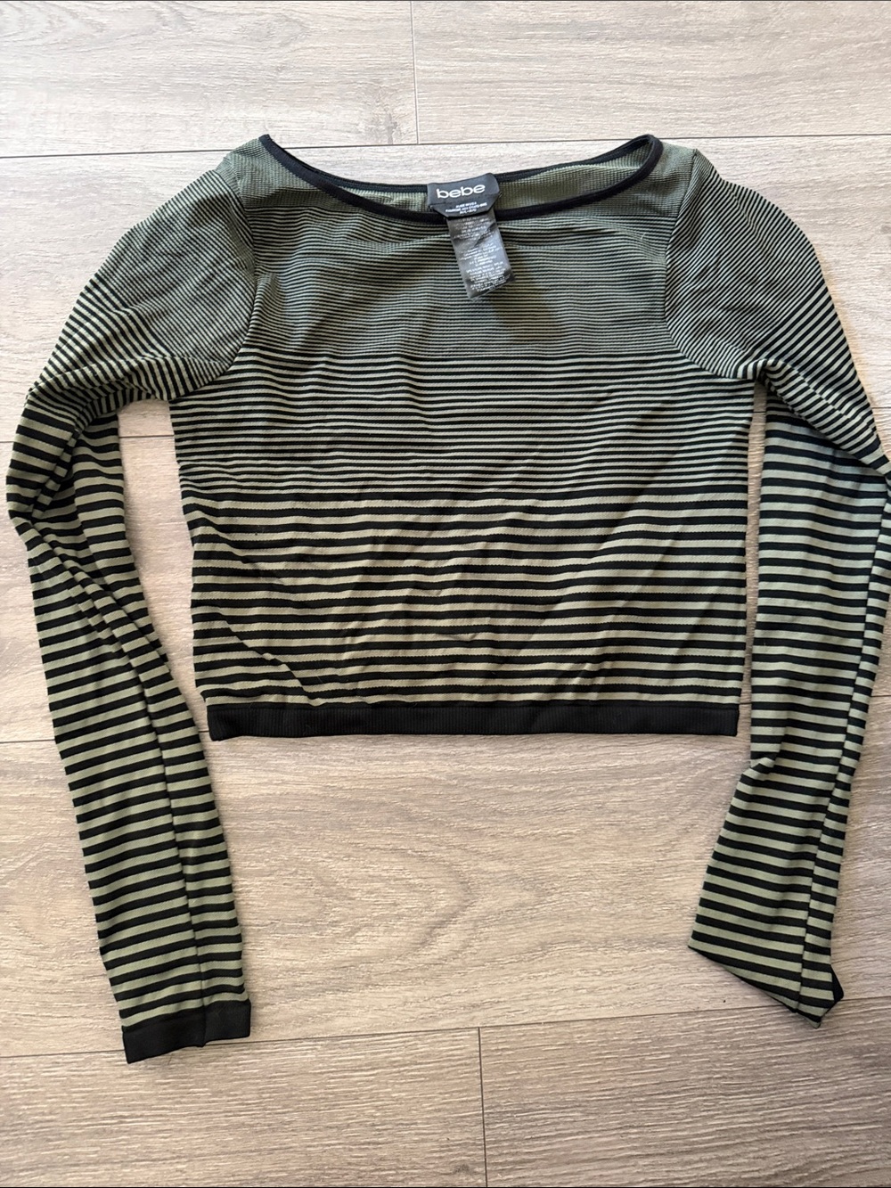 bebe Olive Green and Black Striped Long Sleeve Crop